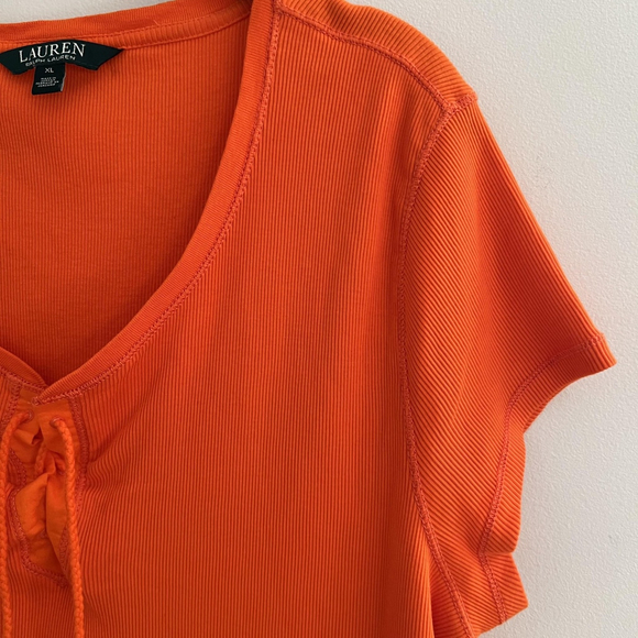 Lauren Ralph Lauren Shirt Womens XL Orange Ribbed Lace Up Neck Short Sleeve Top - Picture 4 of 12